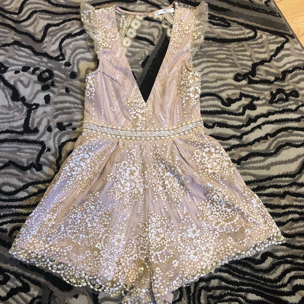Hello Molly Beige and White Embellished Romper